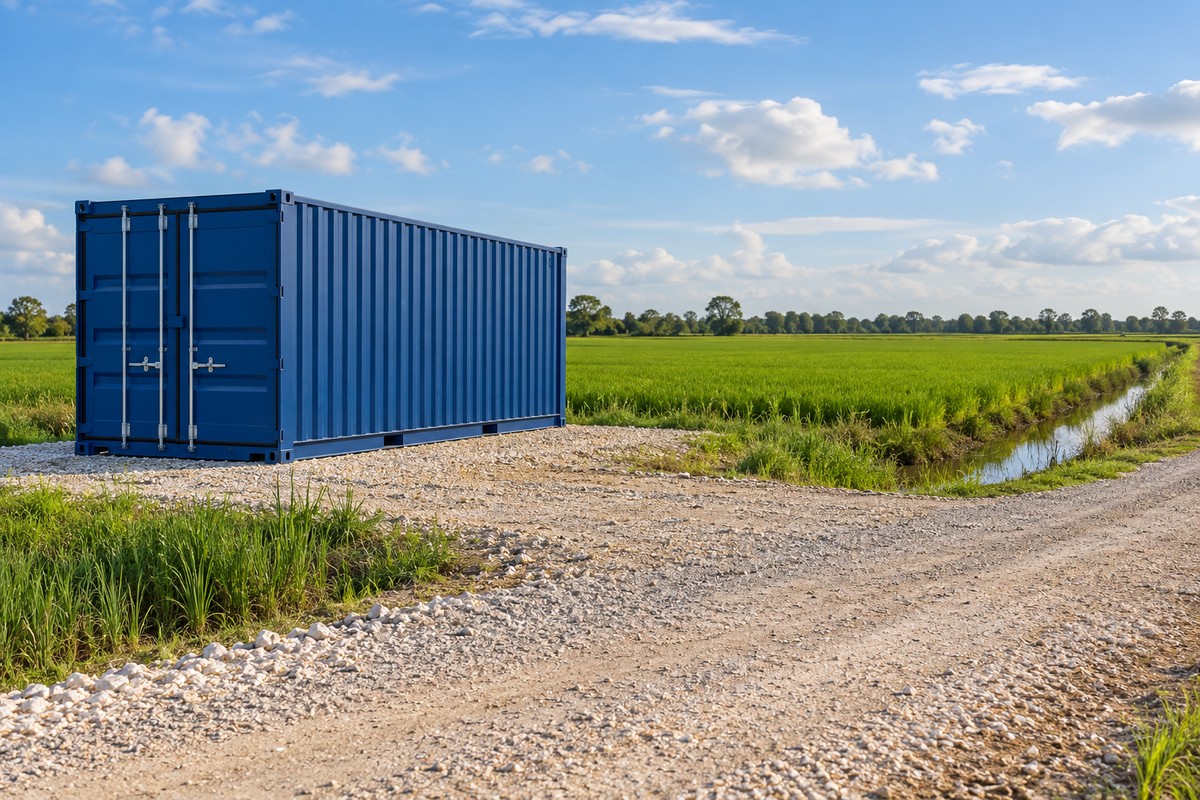 Blue shipping container on a gravel pad beside a rice field and a drainage ditch
