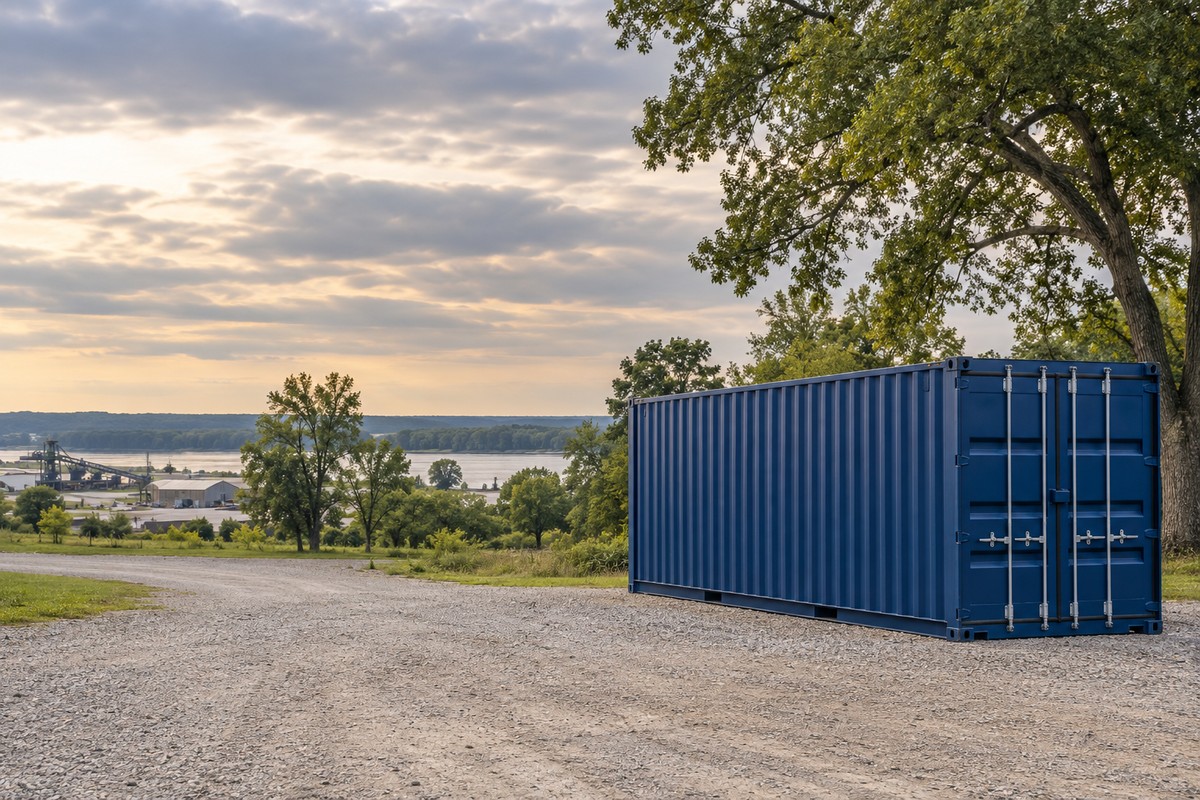 Blue shipping container on a gravel pad on a river bluff, with a river and an industrial yard in the distance