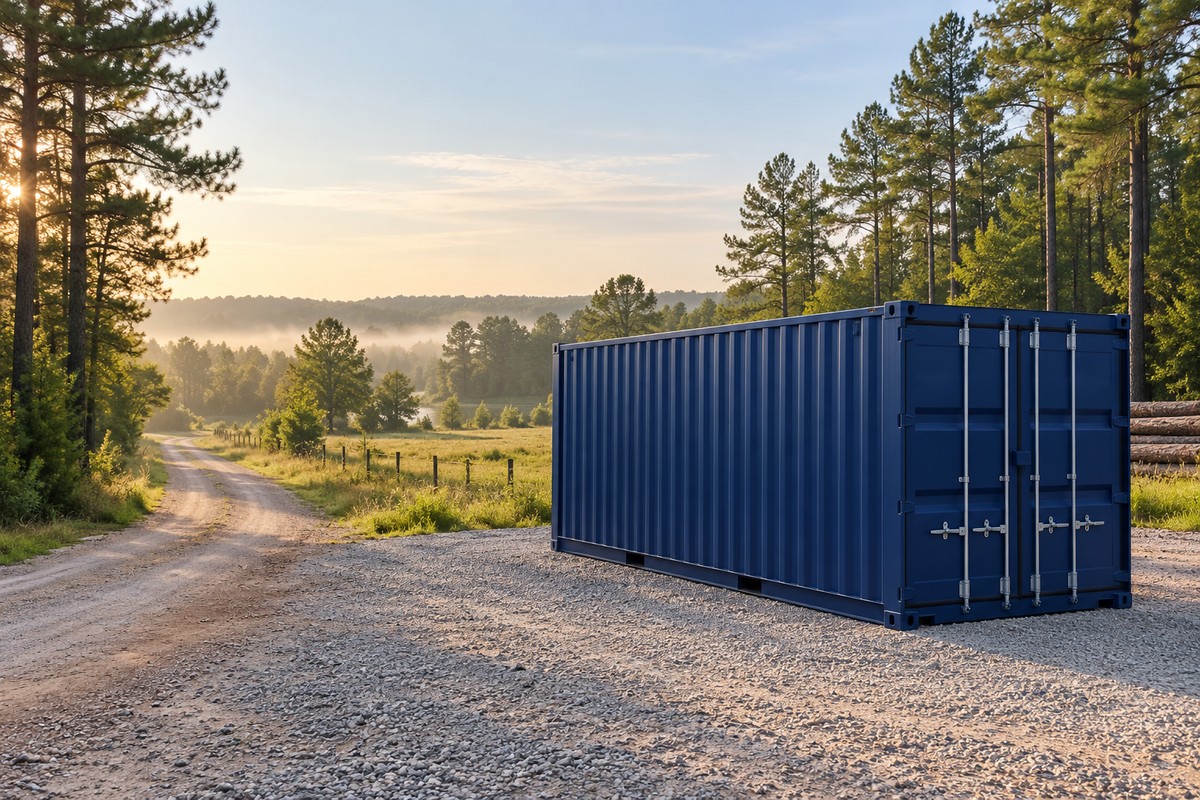 Blue shipping container on a gravel pad beside a pine forest, a dirt road and stacked logs