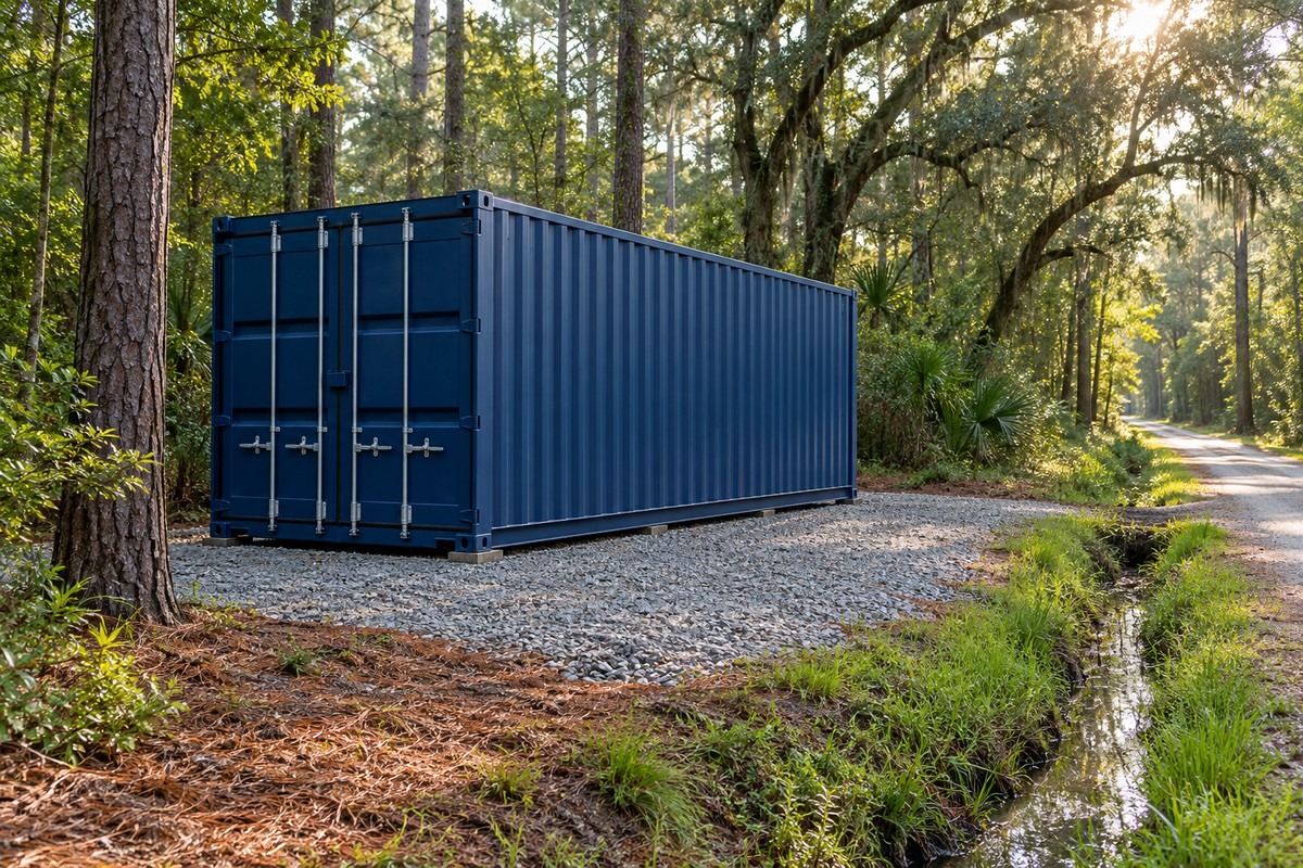 Blue shipping container on a gravel pad in a pine and live oak forest beside a drainage ditch