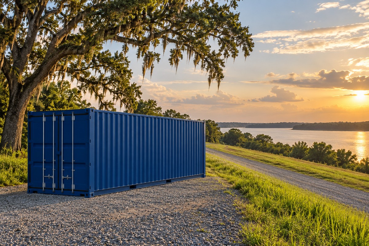 Blue shipping container on a gravel pad beside a live oak and a wide river at sunset
